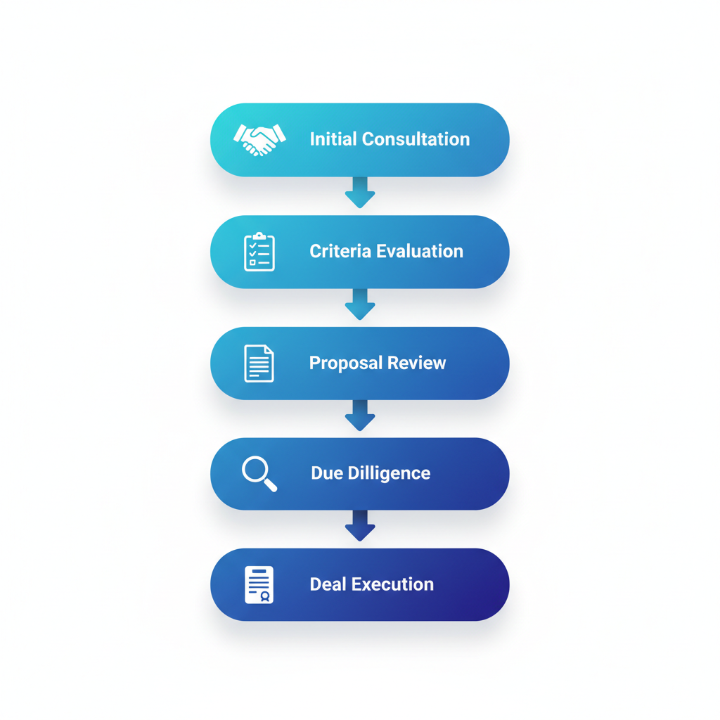 Vertical process flow diagram showing five steps to engage an M&A advisor for energy firm with icons and labels.