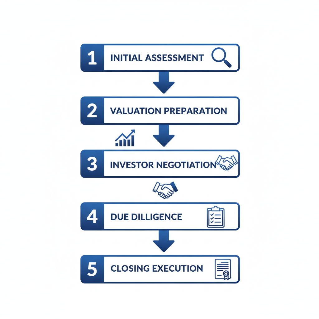 Vertical process flow illustrating five stages of oil and gas M&A transaction structuring with icons and labels
