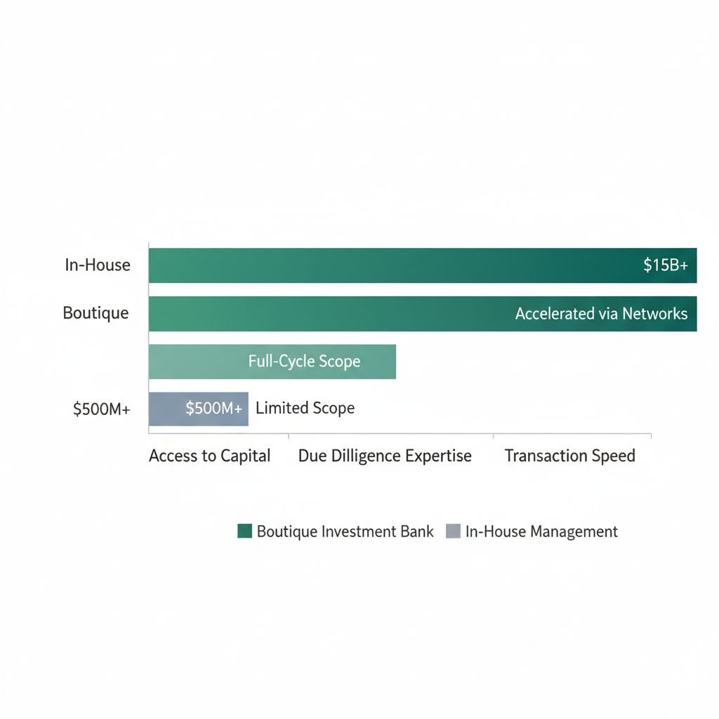 Horizontal bar chart comparing benefits of in-house versus boutique investment banking for oil and gas projects, highlighting capital access, due diligence, and speed advantages.