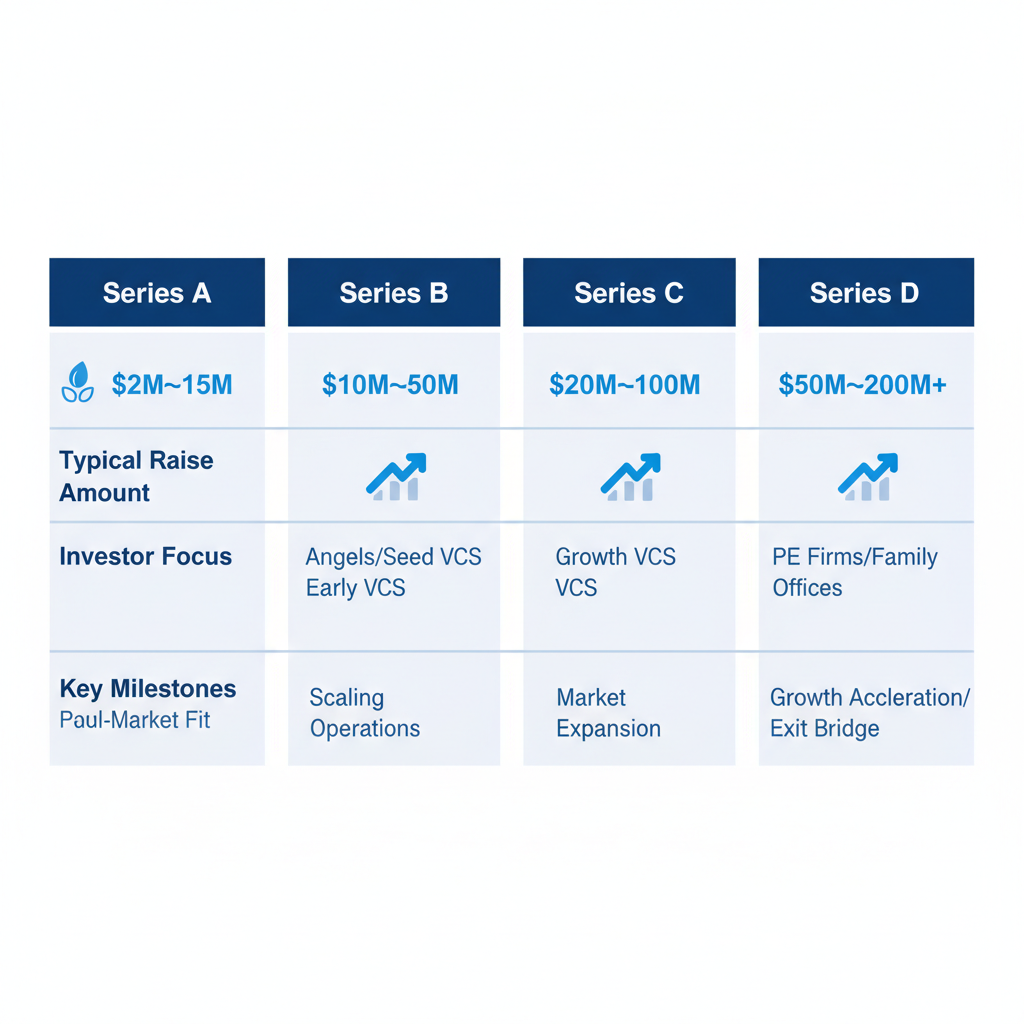 Visual comparison infographic of Series A to D funding stages, showing raise amounts, investor types, and key milestones with icons and blue gradient design