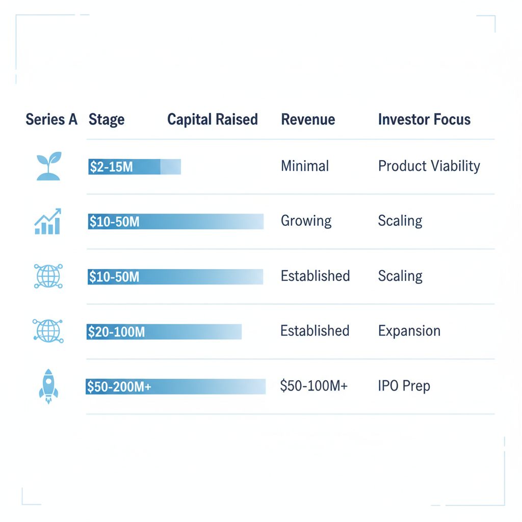Infographic comparing Series A to D funding rounds with capital amounts, revenue needs, and investor focuses using icons and blue gradients.
