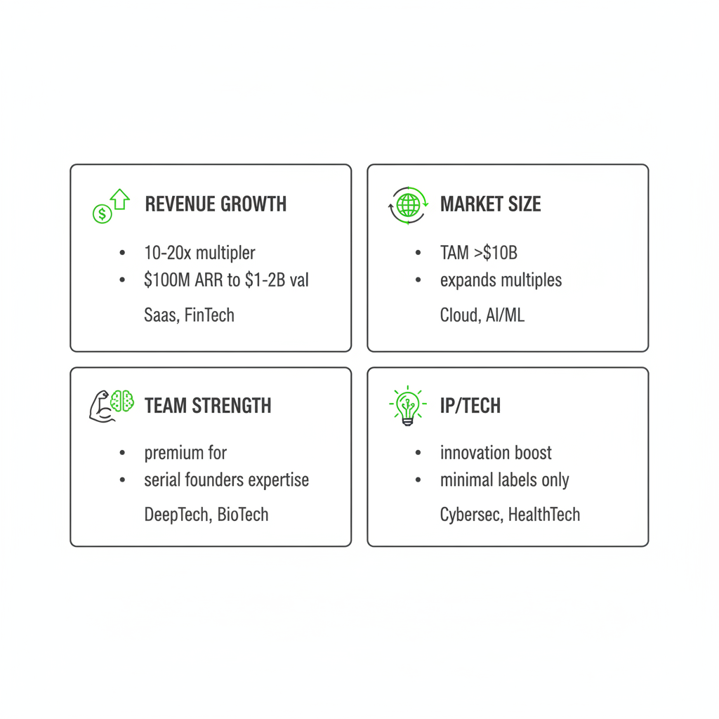 Infographic illustrating four key valuation factors for Series D funding: revenue growth, market size, team strength, and intellectual property/technology.