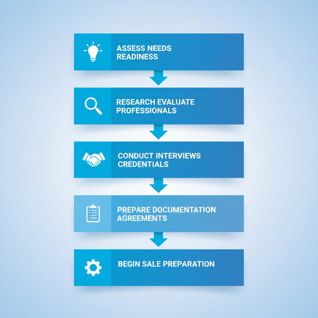 Vertical flowchart illustrating five steps to engage M&A professionals: assess readiness, research experts, interview and verify, prepare agreements, and start preparation.
