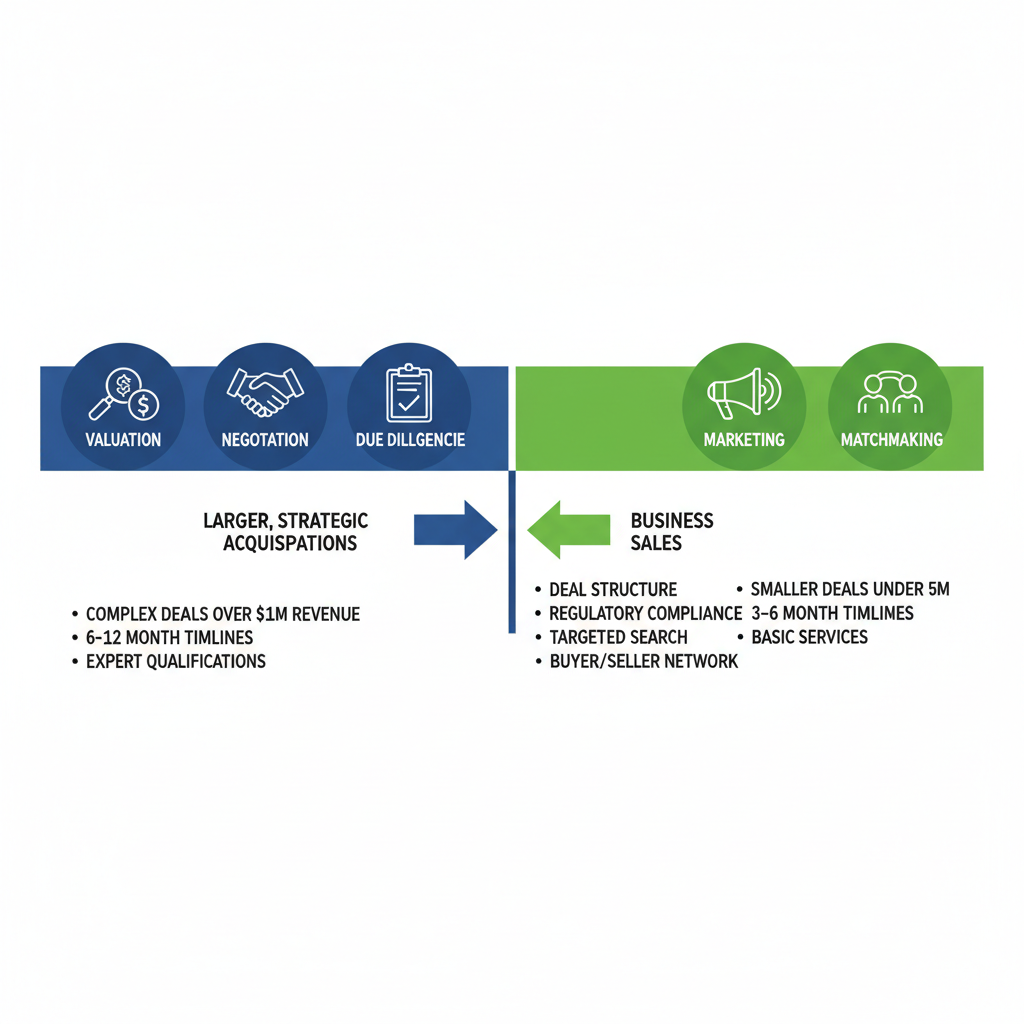 Infographic illustrating key differences between M&A advisors and business brokers in company sales processes