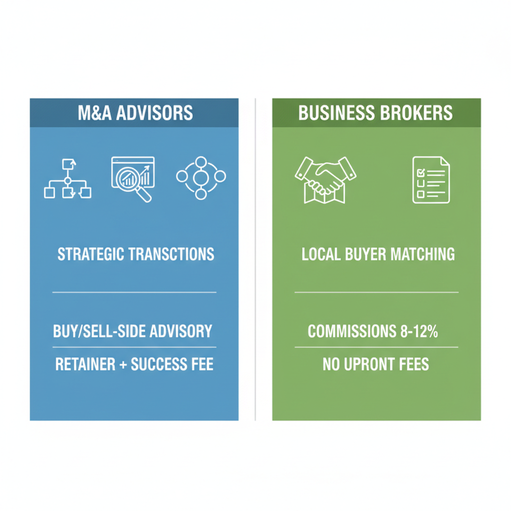 Infographic comparing key differences between M&A advisors and business brokers with icons and service labels.