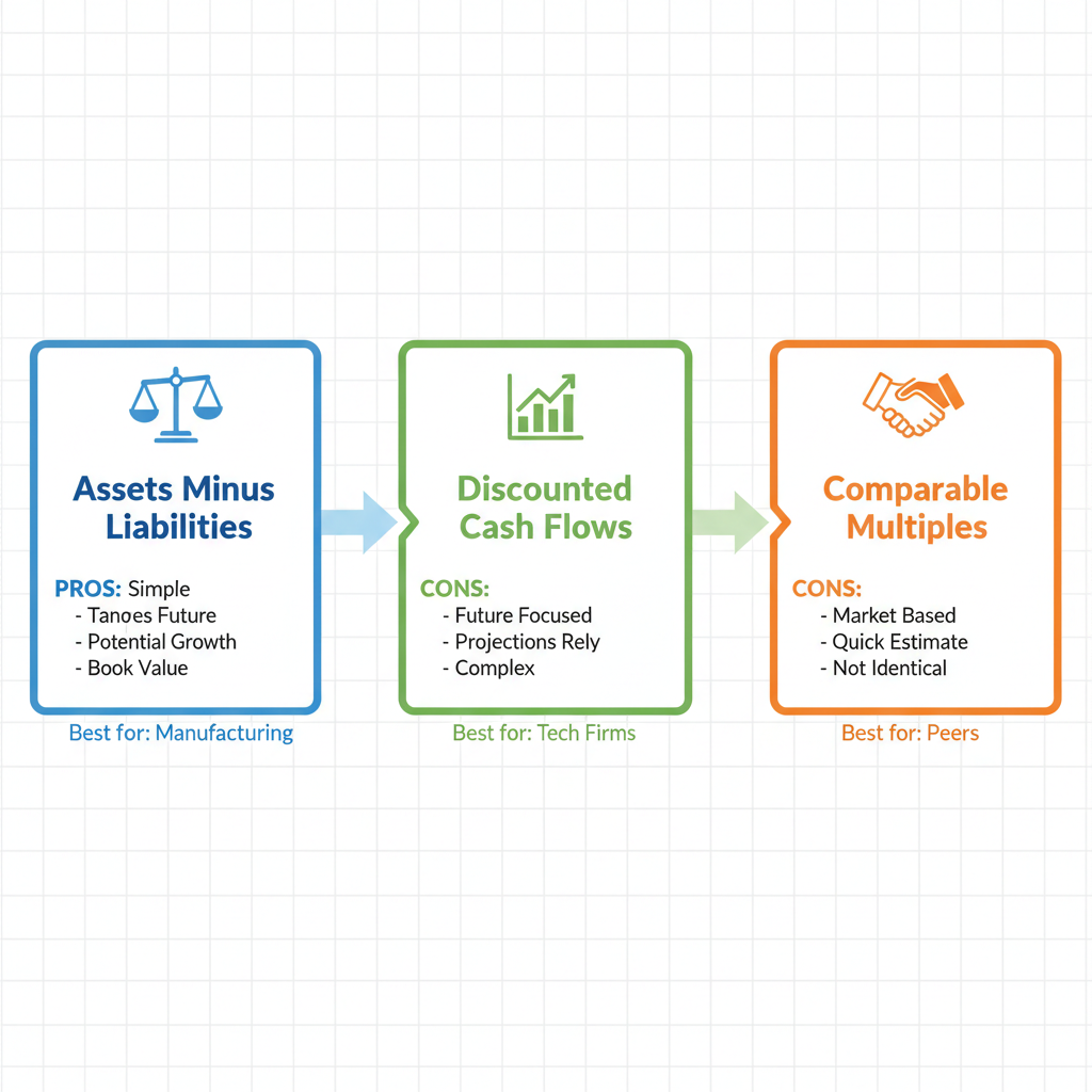 Horizontal infographic illustrating three business valuation methods: asset-based, income-based, and market-based, with icons, key points, pros and cons.
