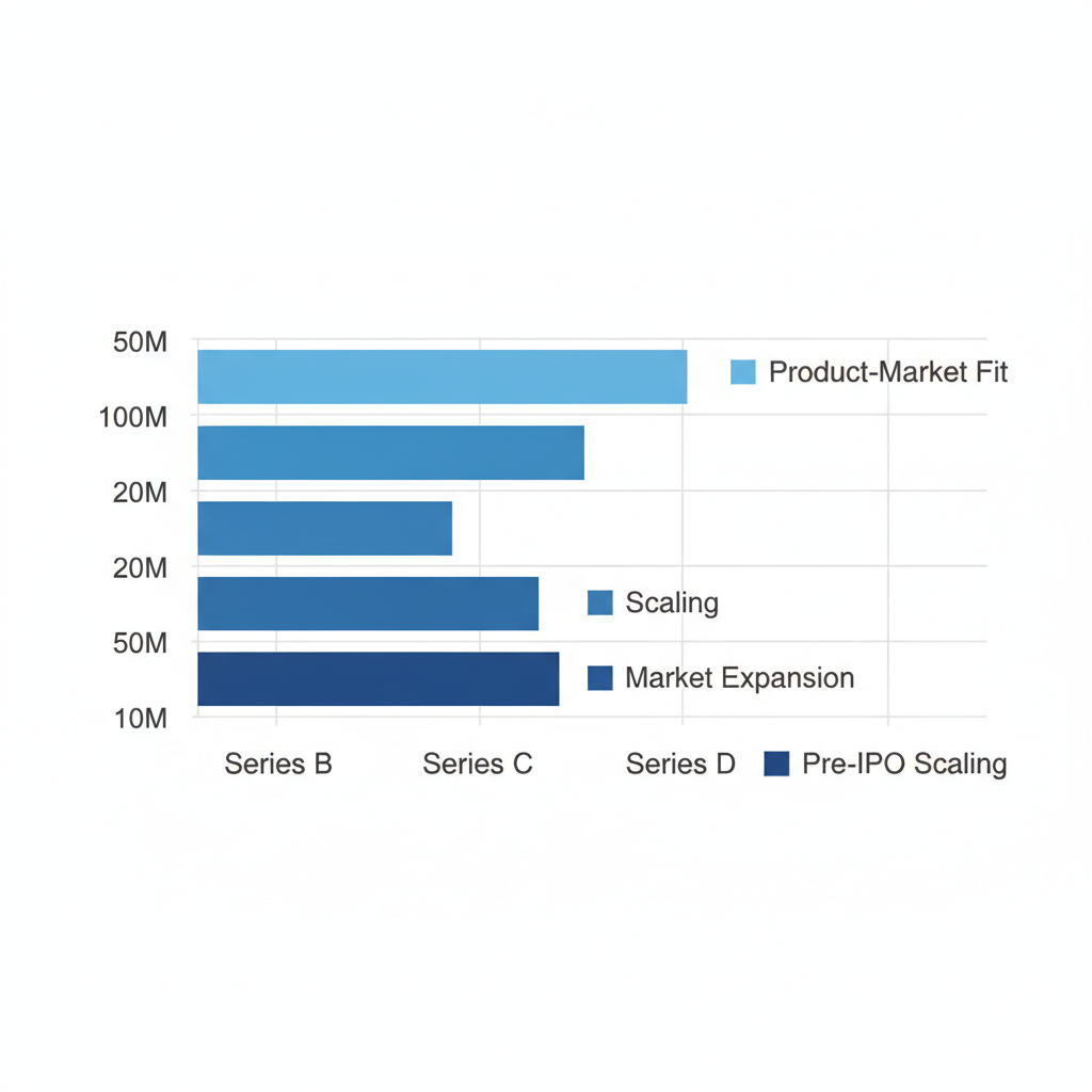 Horizontal bar chart comparing funding amounts and stages for Series B through E venture capital rounds