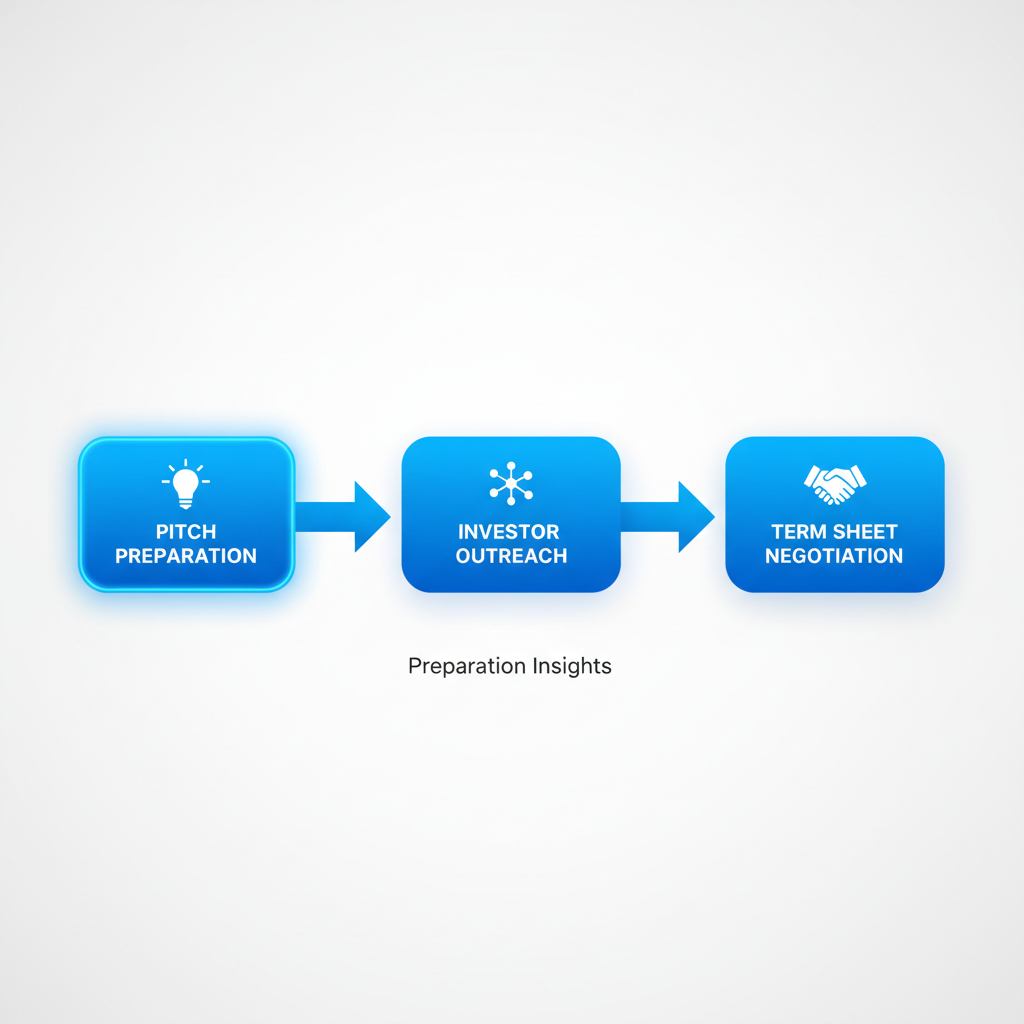 Horizontal process flow diagram showing three stages for securing Series E funding: pitch preparation, investor outreach, and term sheet negotiation.