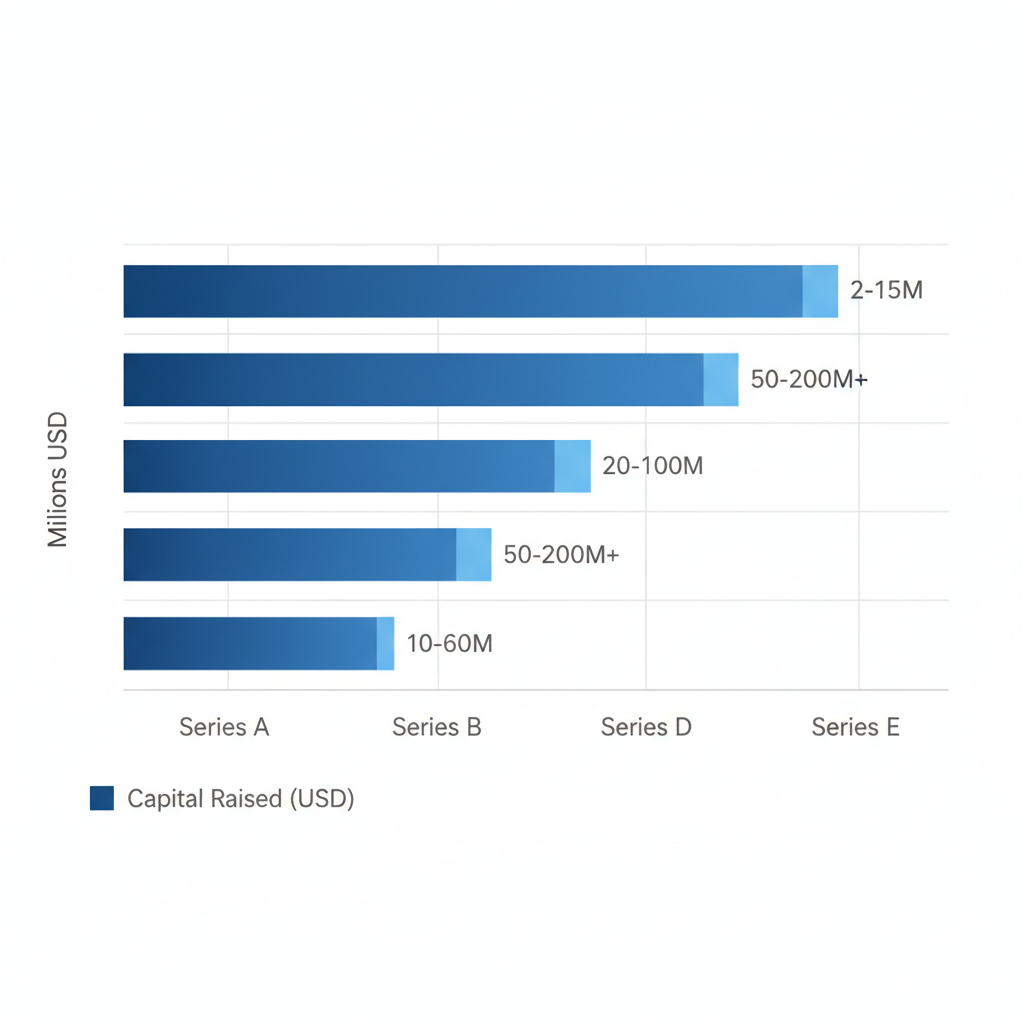 Horizontal bar chart comparing typical funding amounts for startup Series A through E rounds