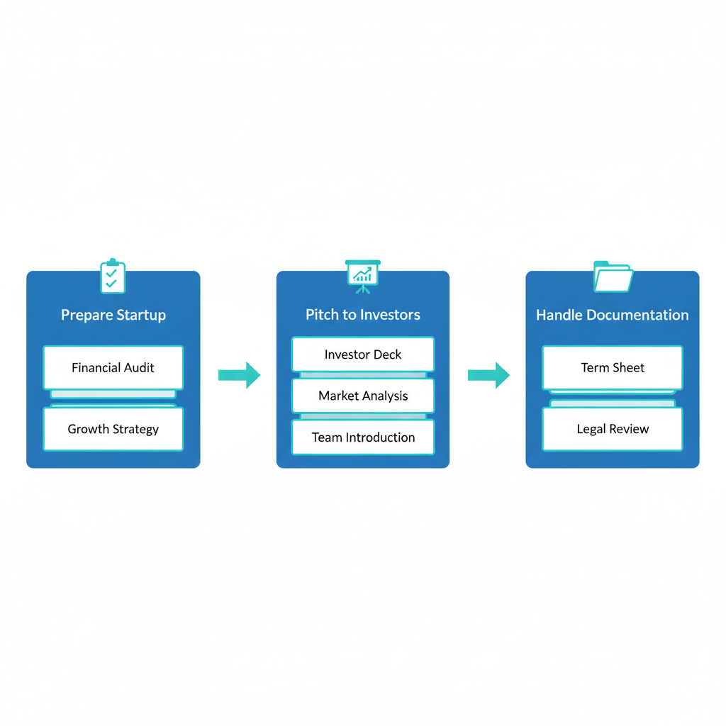Horizontal process flow diagram illustrating three key steps: preparing startup, pitching to investors, and handling documentation for Series E funding.