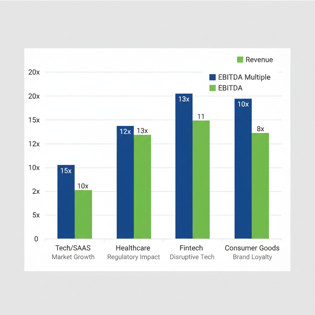 Grouped bar chart showing Series E valuation multiples by industry including revenue and EBITDA figures.