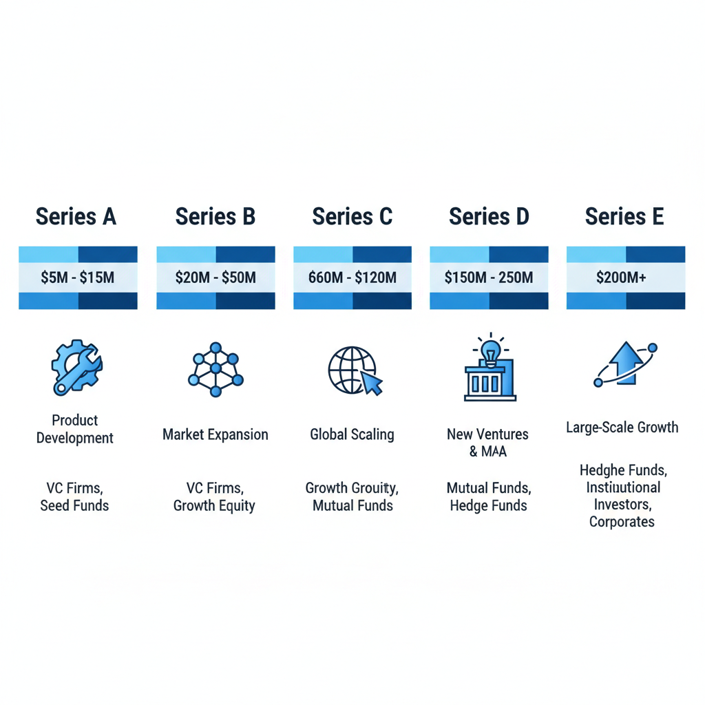 Infographic chart comparing venture capital funding stages A through E, including amounts raised, primary focuses, and investor types.