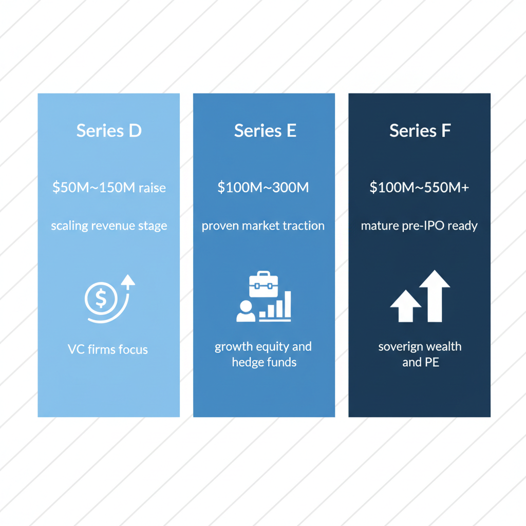 Infographic comparing key aspects of Series D, E, and F funding rounds with amounts, stages, and investor types.