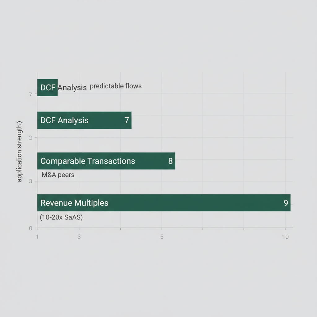 Horizontal bar chart depicting application strengths of valuation methods in Series F funding on a 1-10 scale