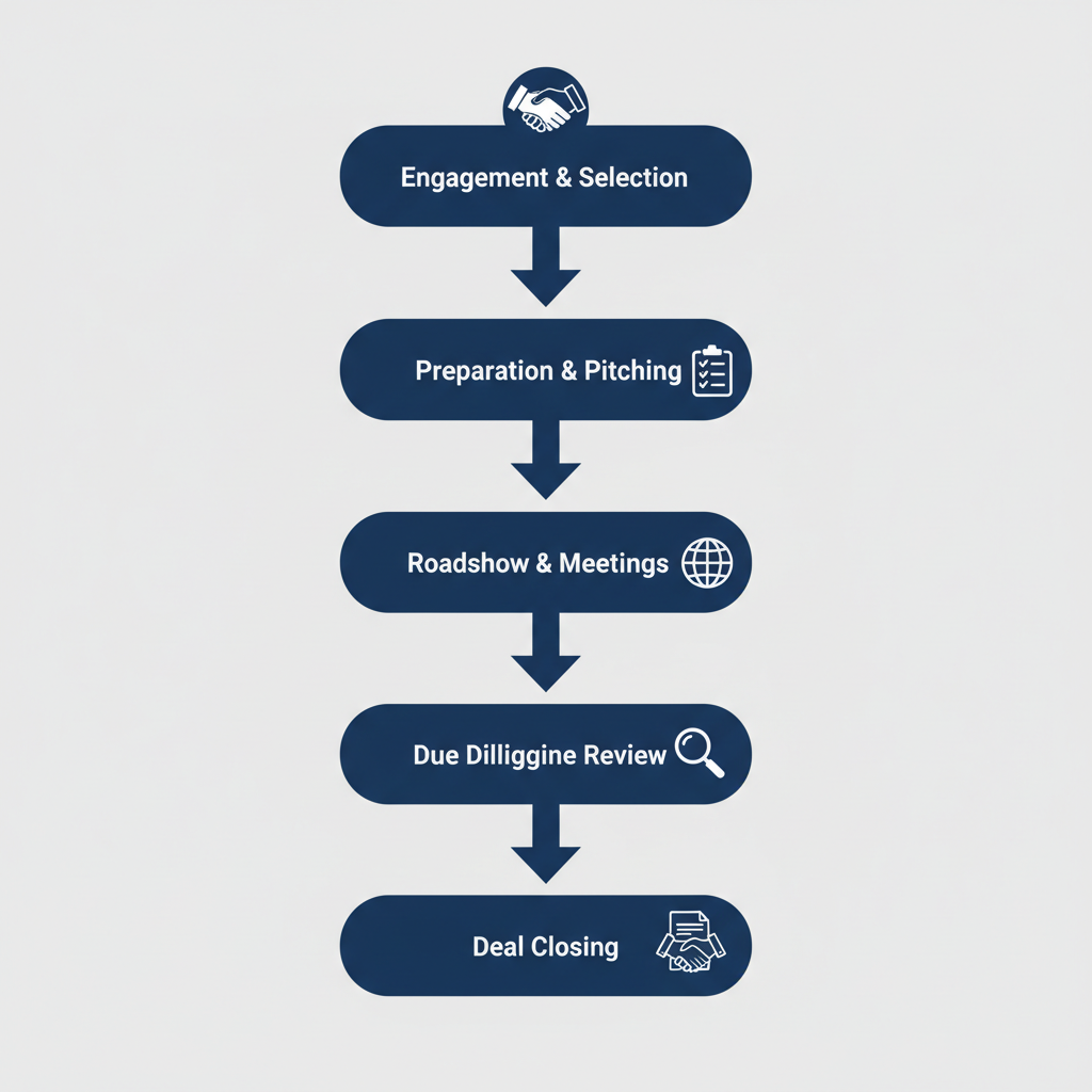 Vertical process flow diagram illustrating five steps of Series A funding timeline with investment bank advisory roles and icons.