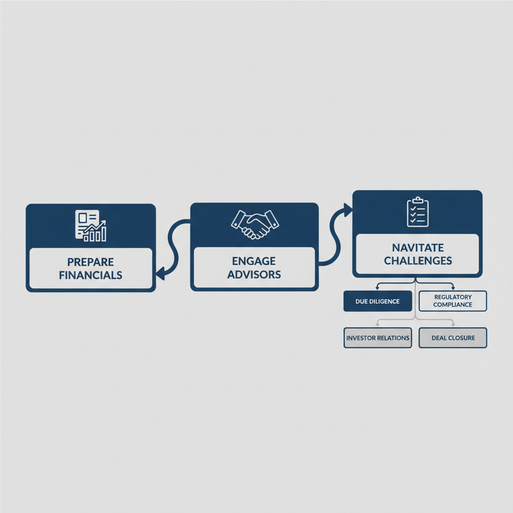 Horizontal process flow illustrating three steps for Series F investment preparation: preparing financials, engaging advisors, and navigating challenges.