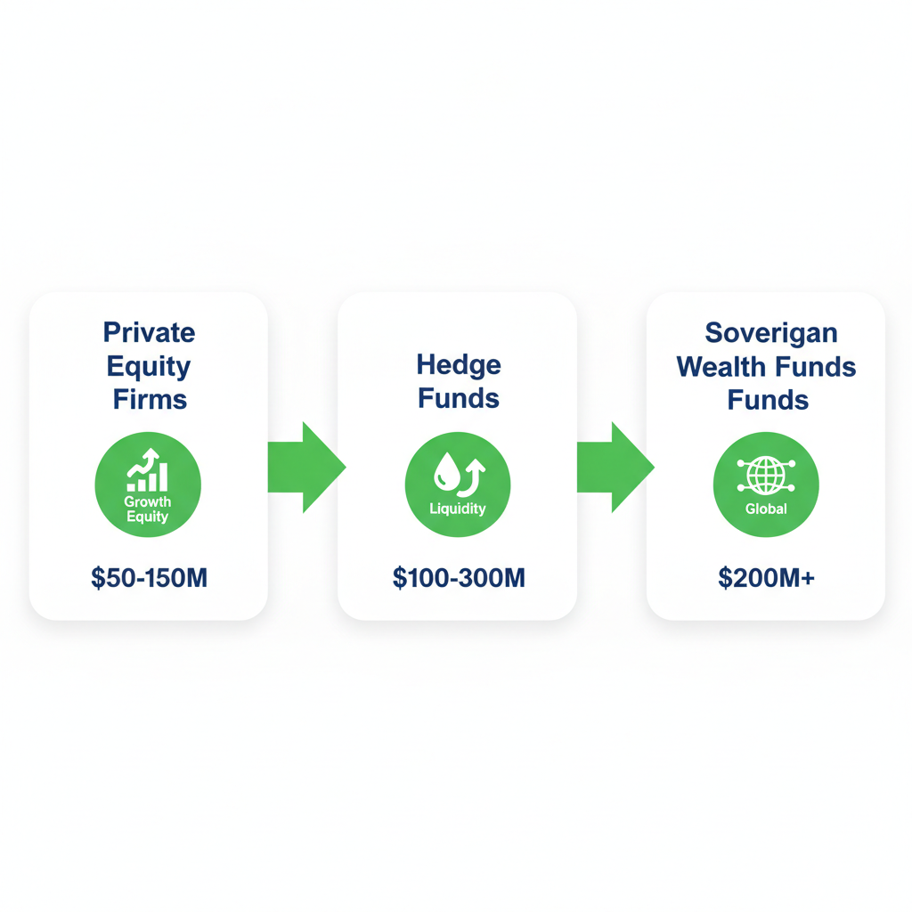 Infographic illustrating investor types in late-stage venture capital: private equity firms, hedge funds, and sovereign wealth funds with investment ranges.