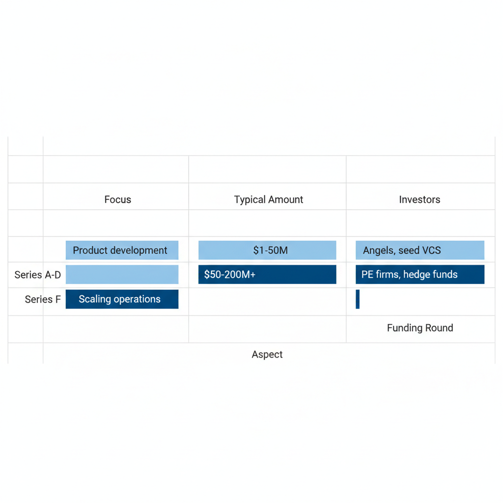 Horizontal bar chart comparing key aspects of Series F funding versus earlier rounds including focus, amount, and investors.