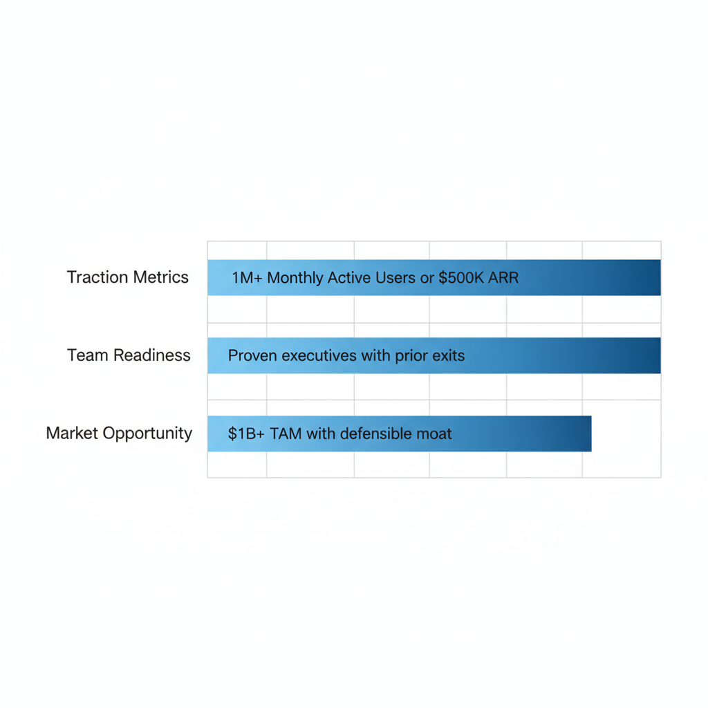 Horizontal bar chart displaying key Series A funding benchmarks for traction metrics, team readiness, and market opportunity.