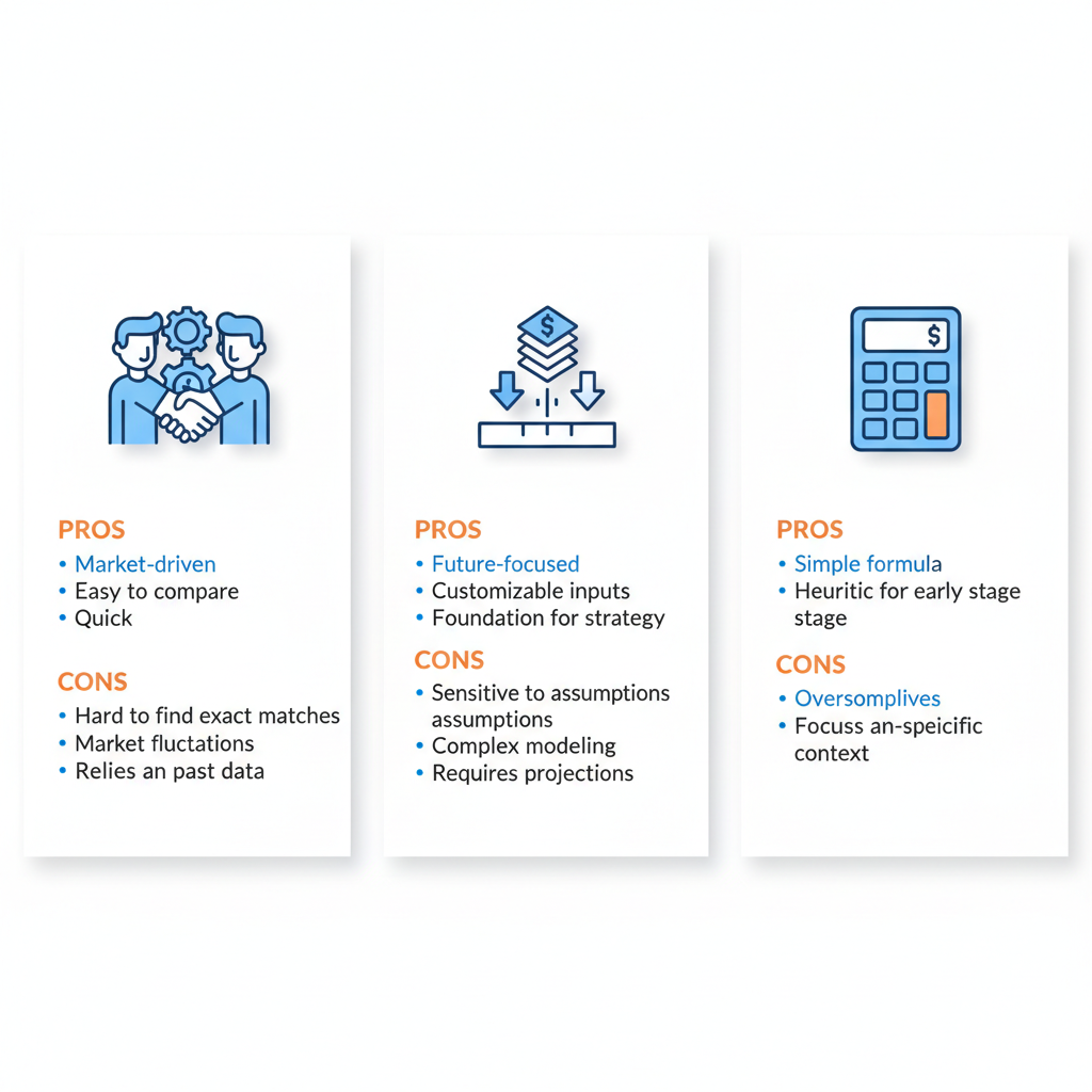 Infographic comparing three Series A valuation methods with icons and pros cons lists