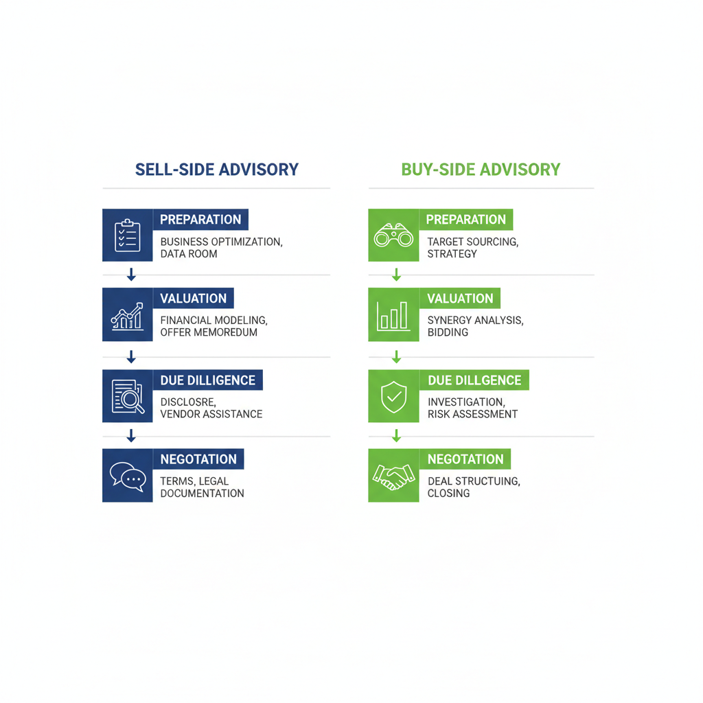 Infographic comparing buy-side and sell-side M&A advisory processes across four stages: preparation, valuation, due diligence, and negotiation.