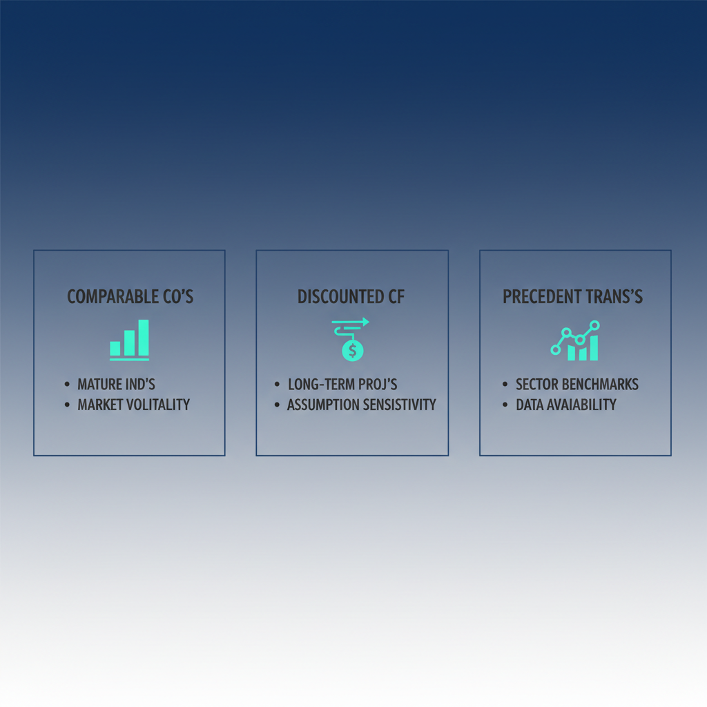 Infographic illustrating three key sell-side valuation methods: Comparable Company Analysis, Discounted Cash Flow, and Precedent Transactions with icons and brief notes