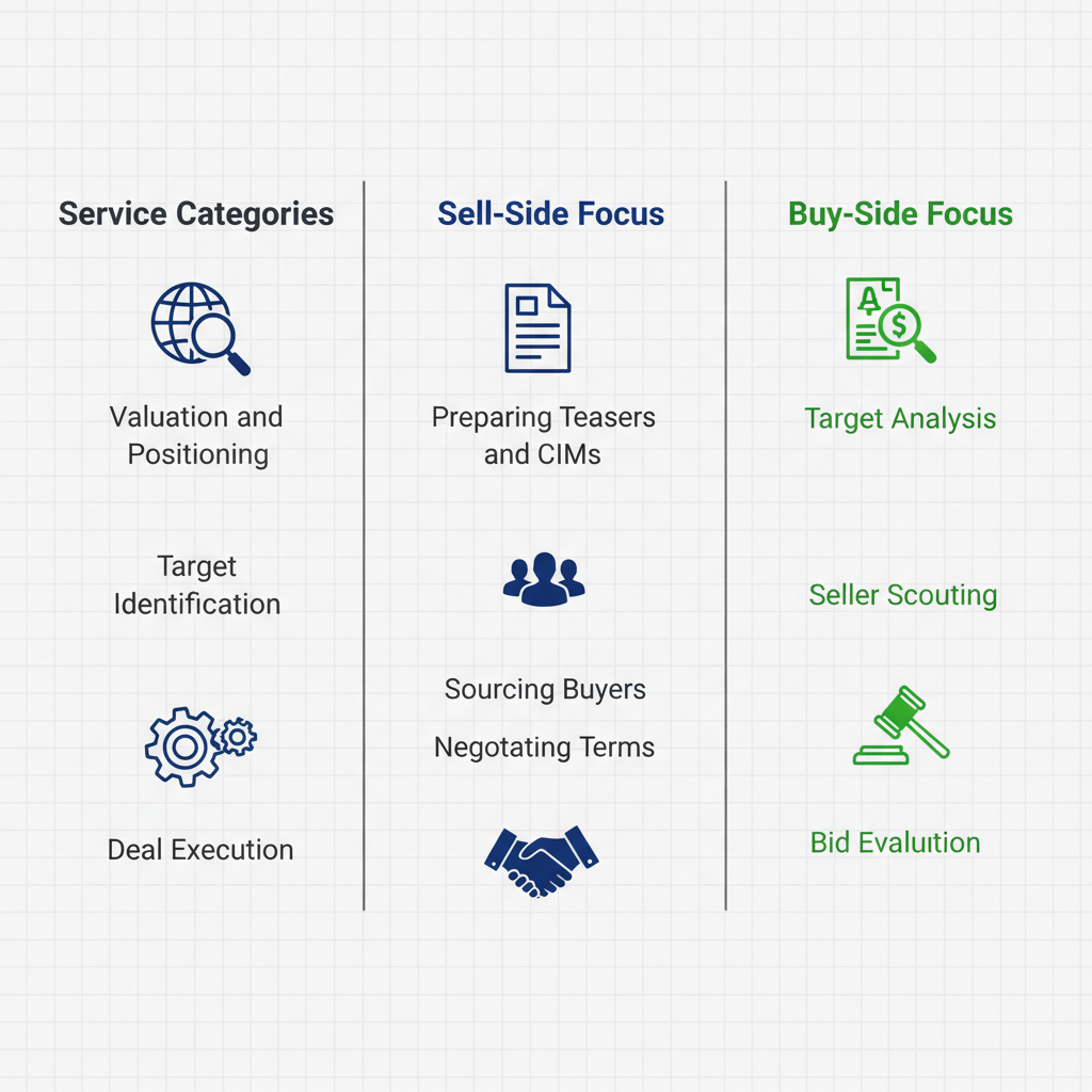 Infographic comparing core services of sell-side and buy-side advisory in investment banking with columns and icons