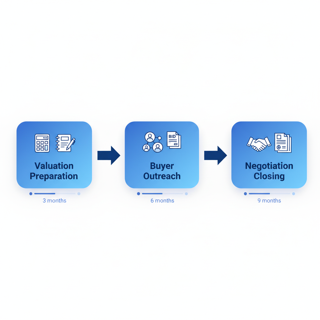 Horizontal process flow diagram illustrating the three key stages of sell-side mergers and acquisitions transactions with icons and connections.