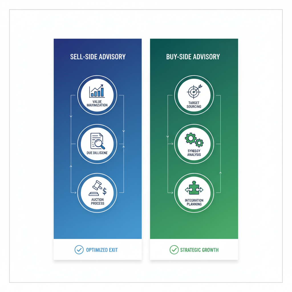 Infographic illustrating differences between sell-side and buy-side advisory services in mergers and acquisitions with icons and minimal labels