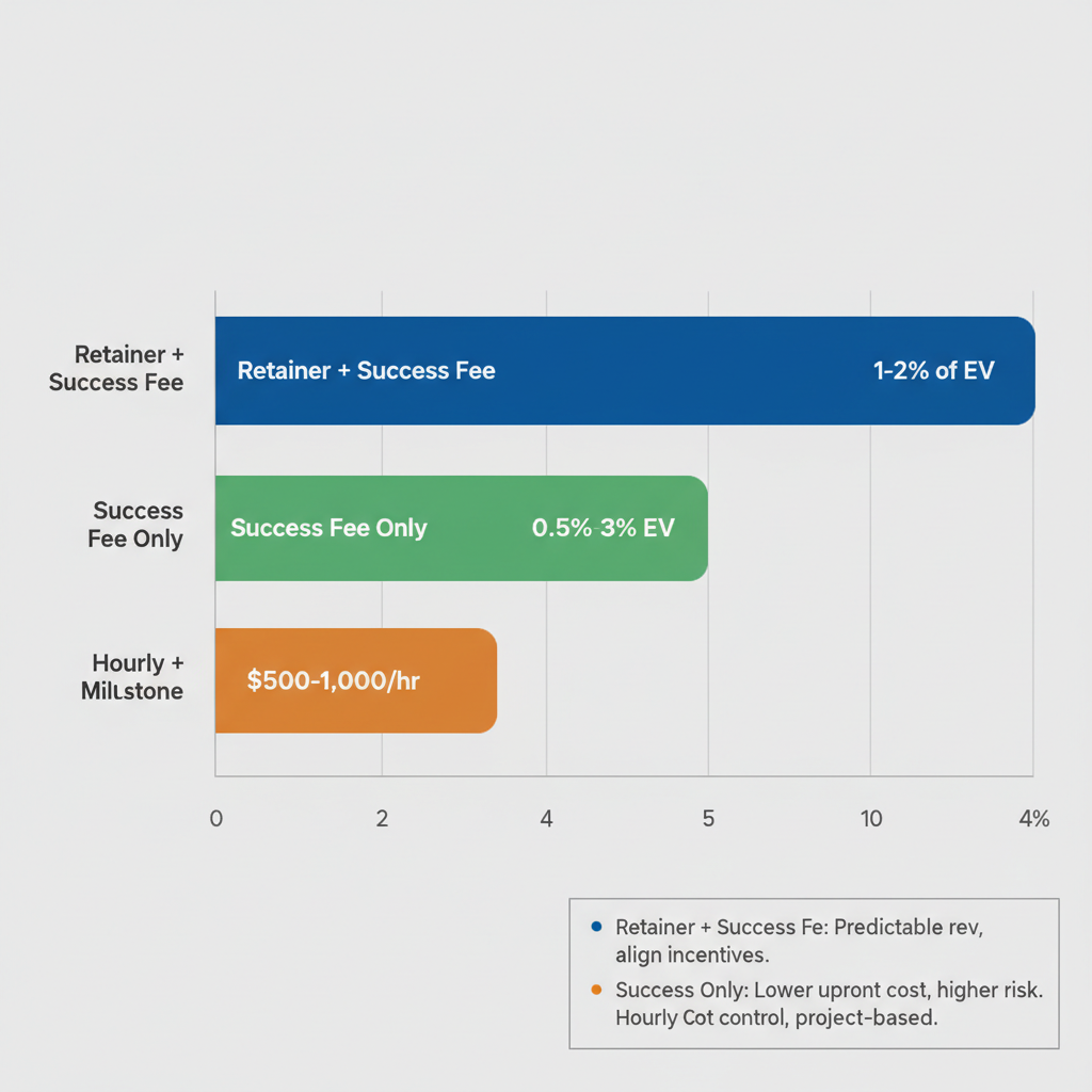 Bar chart illustrating sell-side advisory fee models including retainer, success fee, and hourly structures with percentage ranges.