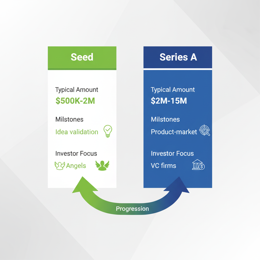 Infographic comparing Seed and Series A venture capital rounds with amounts, milestones, and investor focus