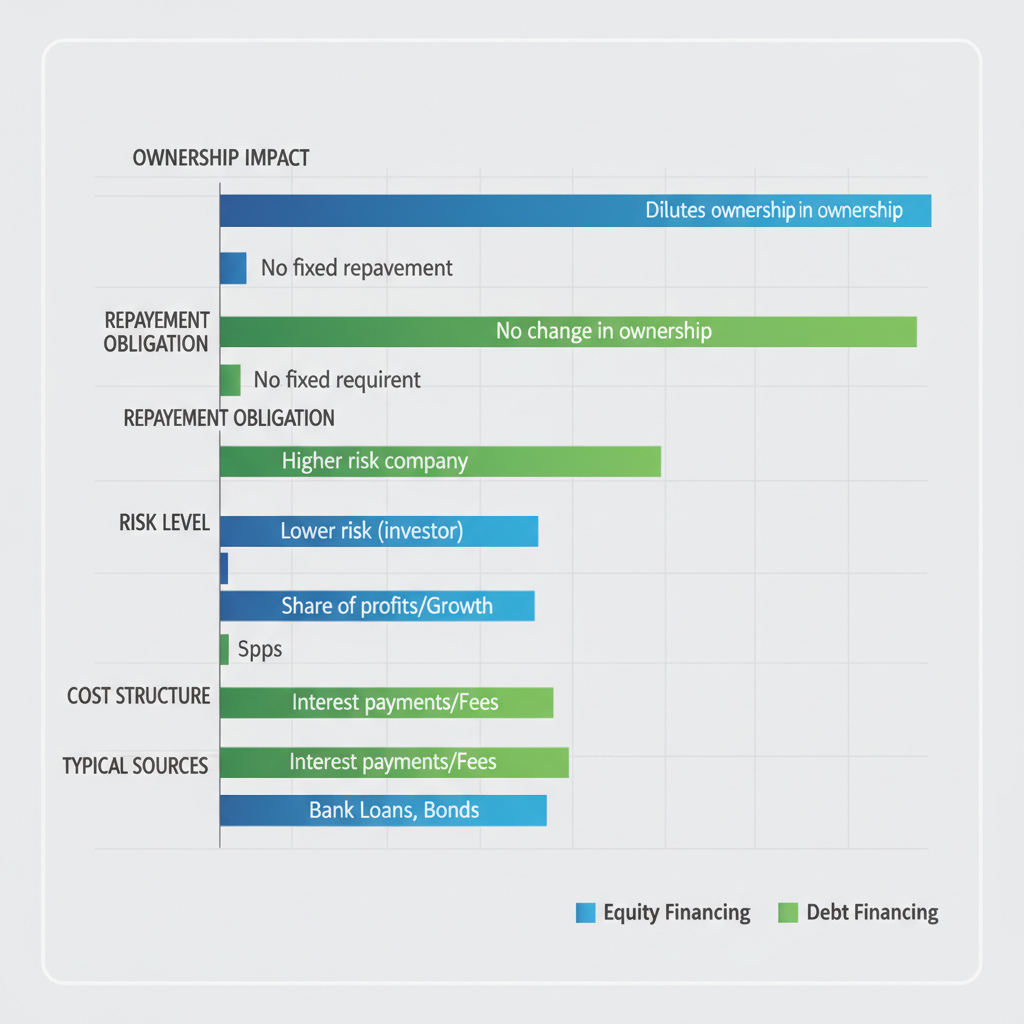 Horizontal bar chart comparing key aspects of equity versus debt financing options for capital raising.