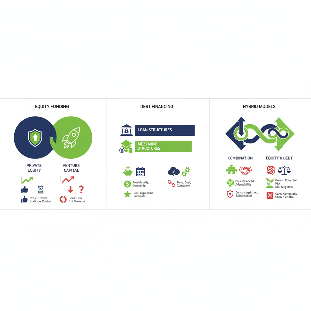 Infographic illustrating capital raising options including equity, debt, and hybrid funding with icons for mid-sized businesses.