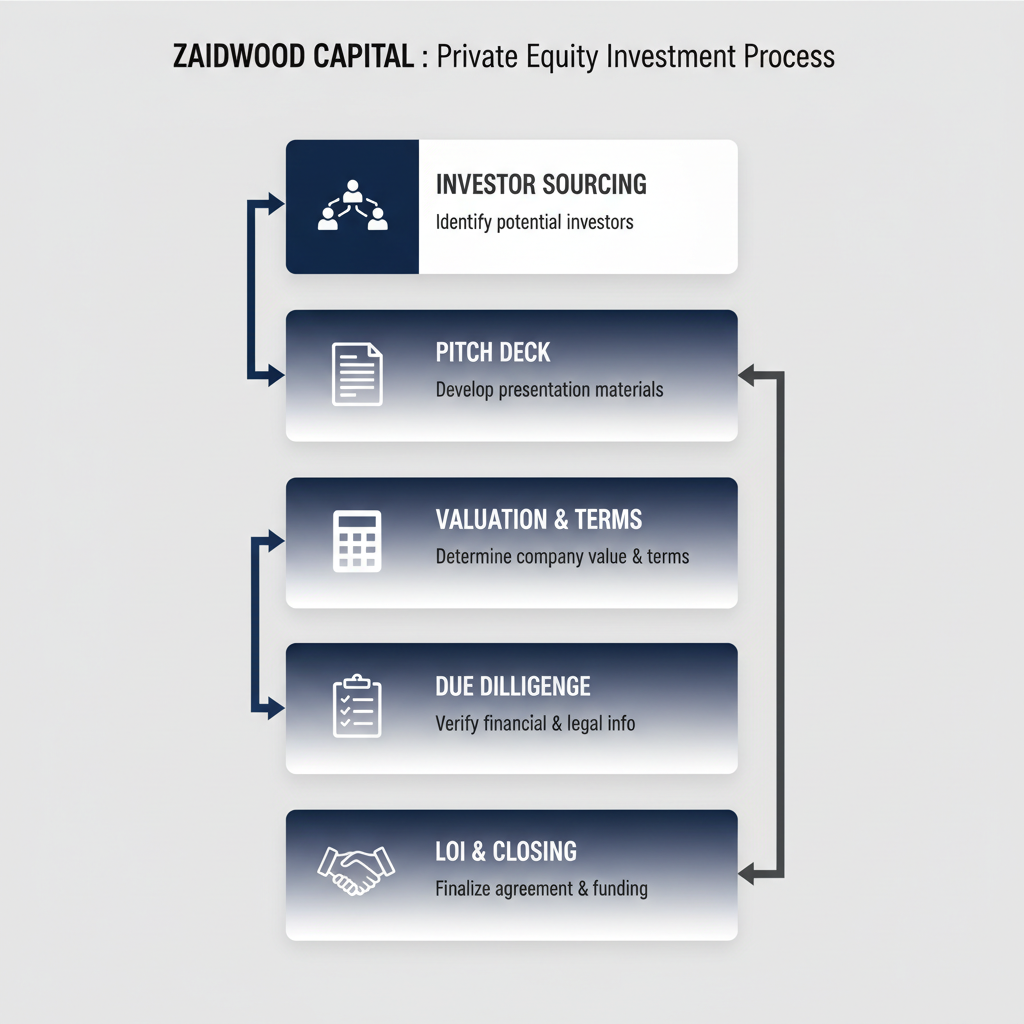 Vertical process flow diagram illustrating five steps of private equity capital raising: investor sourcing, pitch deck creation, valuation and term sheet, due diligence, and LOI closing with icons.