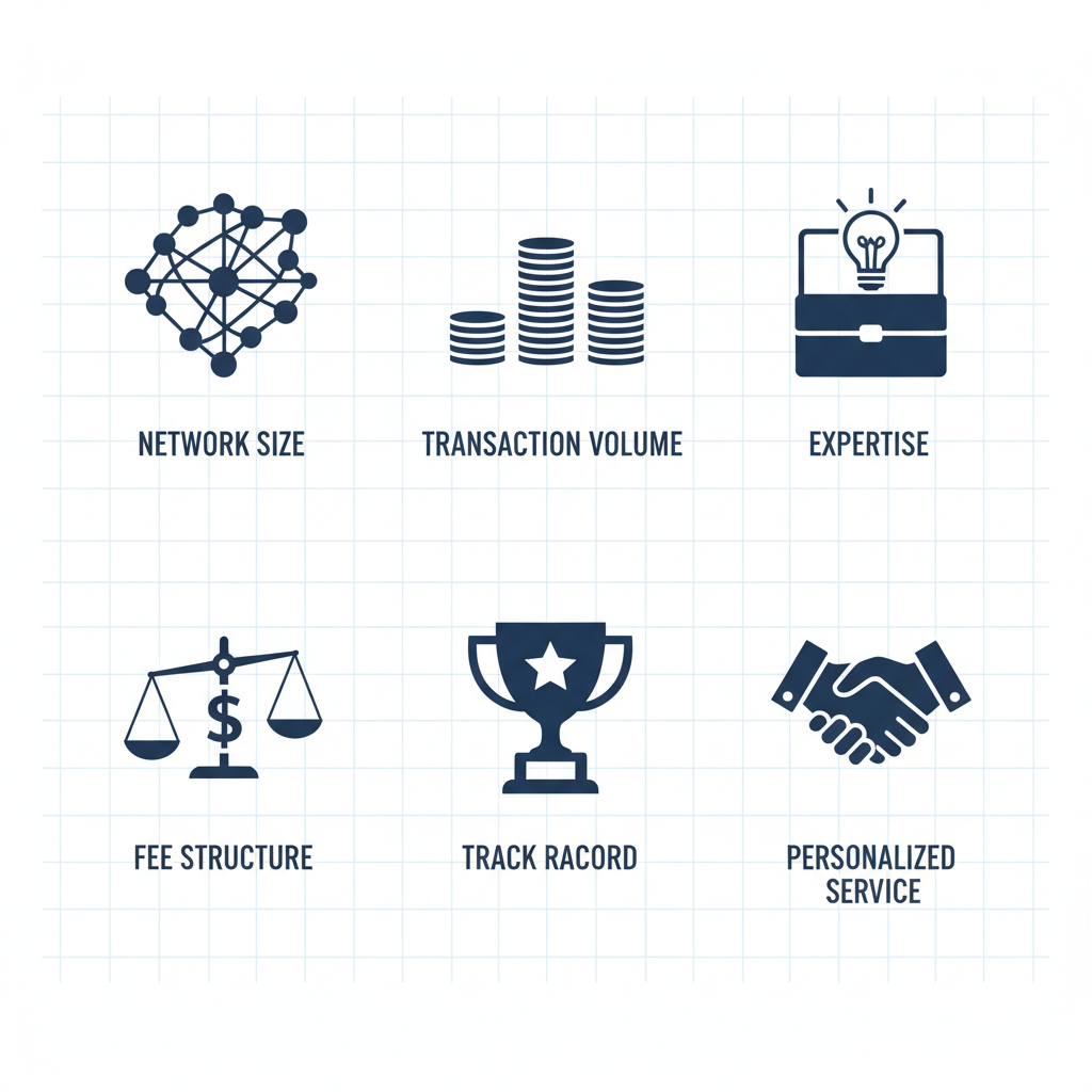Grid of icons depicting key factors for selecting an investment bank including network size, transaction volume, expertise, fee structure, track record, and personalized service in modern flat navy blue style.