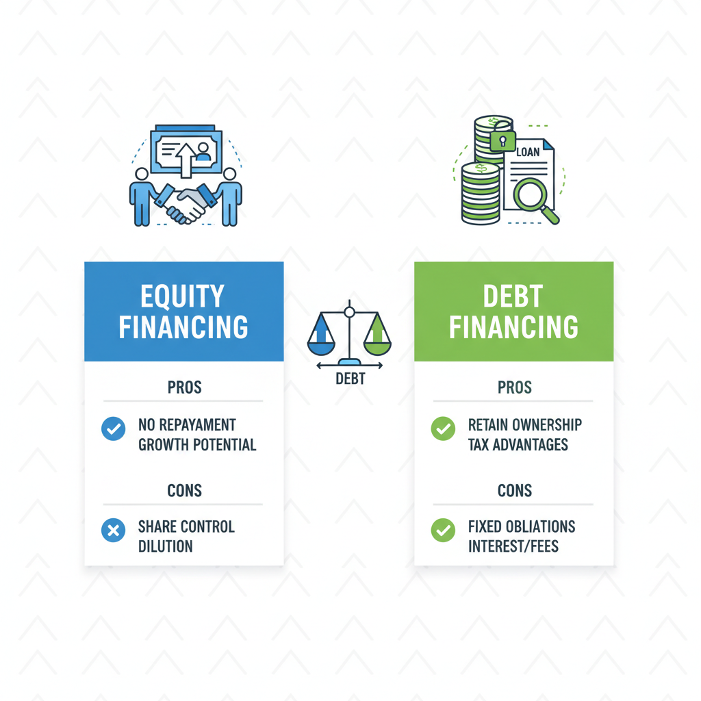 Infographic illustrating key differences between equity and debt financing in capital raising, with icons and pros cons labels.