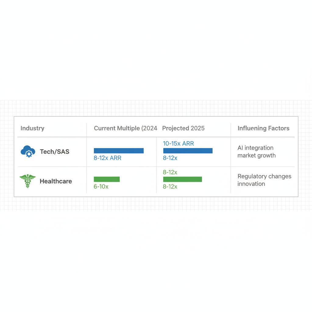 Infographic displaying Series C valuation multiples by industry including Tech/SaaS and Healthcare with current and projected figures and influencing factors