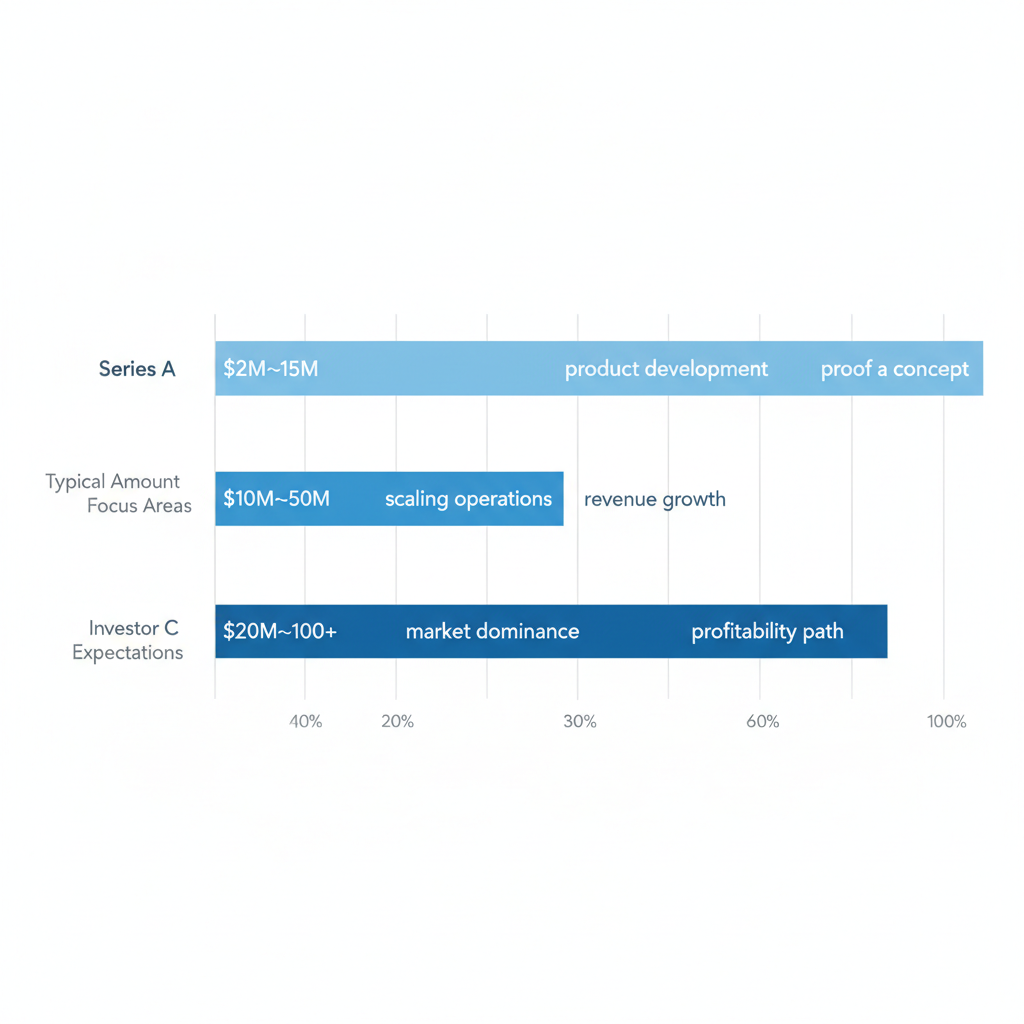 Bar chart comparing Series A, B, and C funding stages including typical amounts, focus areas, and investor expectations.
