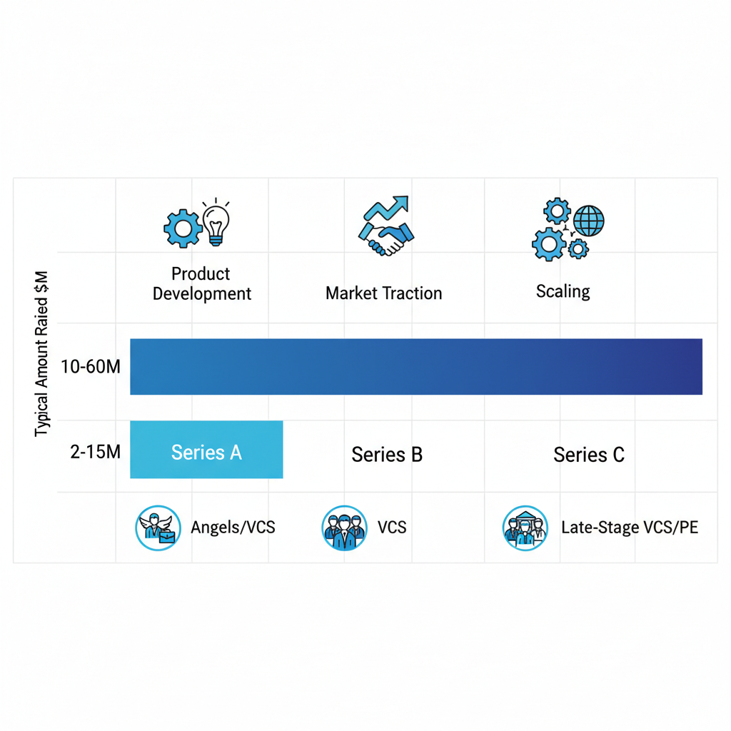 Bar chart comparing Series A, B, and C funding amounts, focuses, and investor types for early-stage investments.
