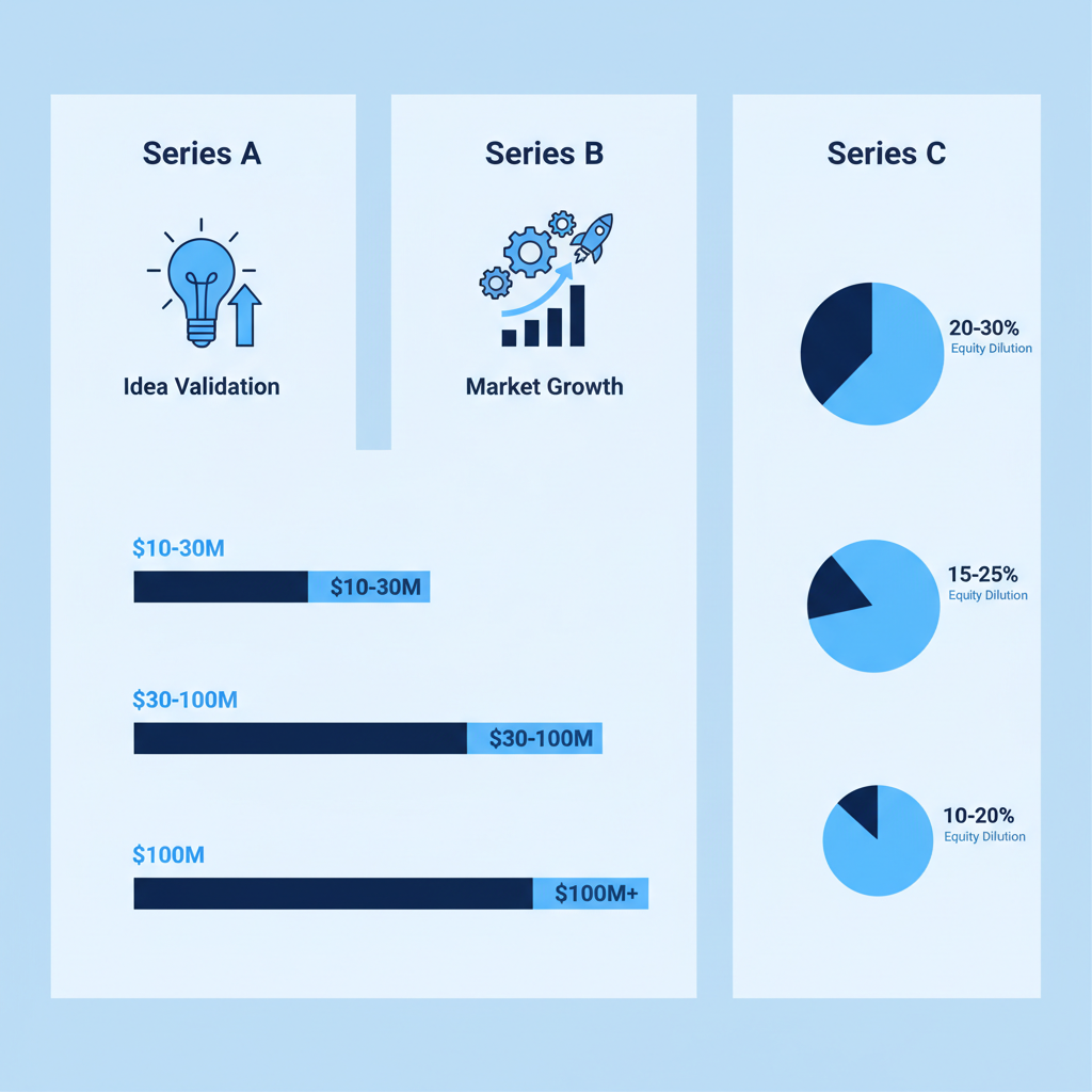 Infographic comparing funding focus, valuation, and equity dilution across Series A, B, and C stages