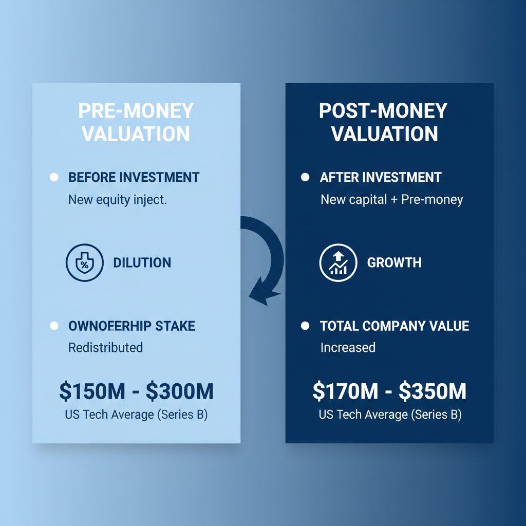 Infographic comparing pre-money and post-money valuations in Series B funding rounds with icons and averages.