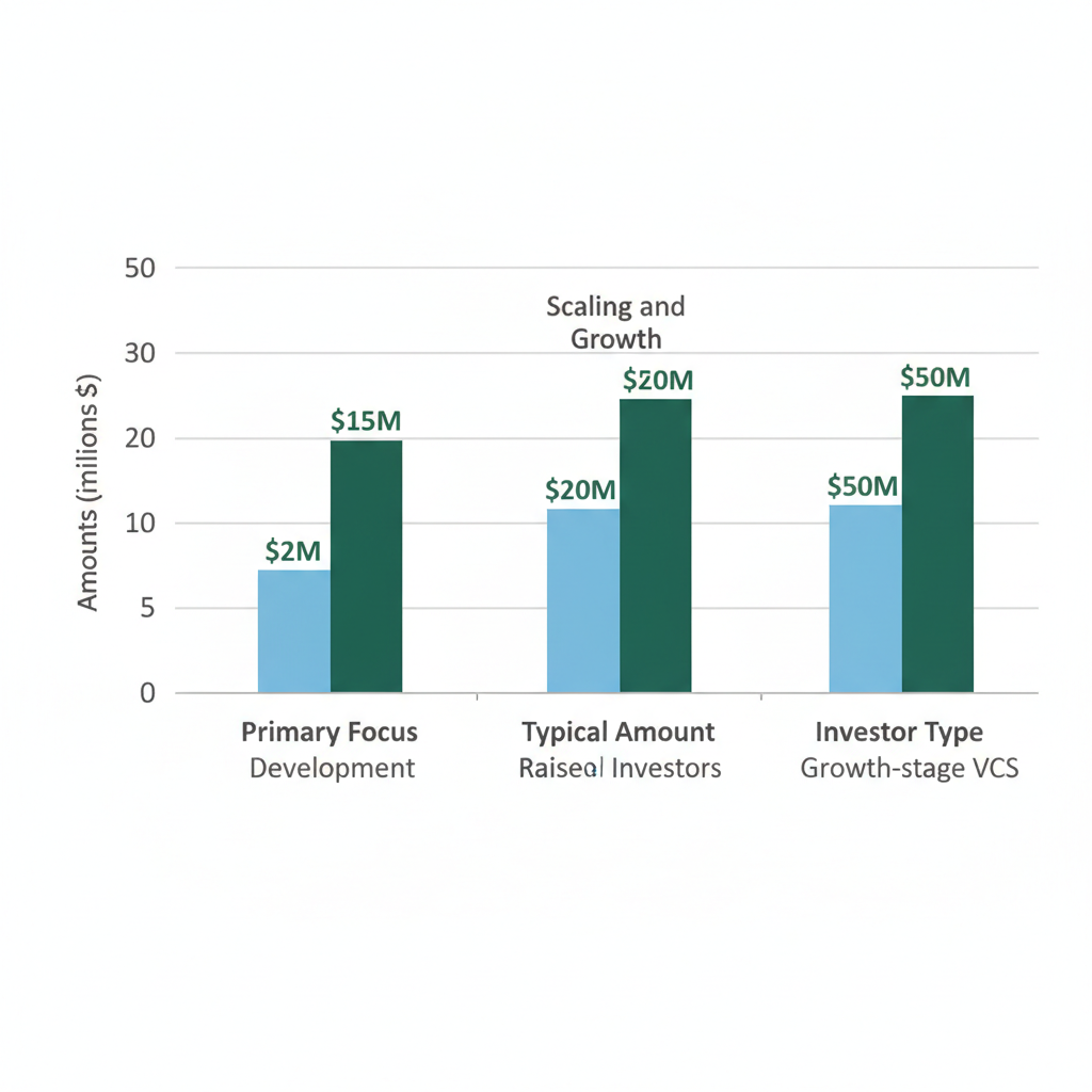 Bar chart illustration comparing key aspects of Series A and Series B funding rounds including focus, amounts, and investor types.