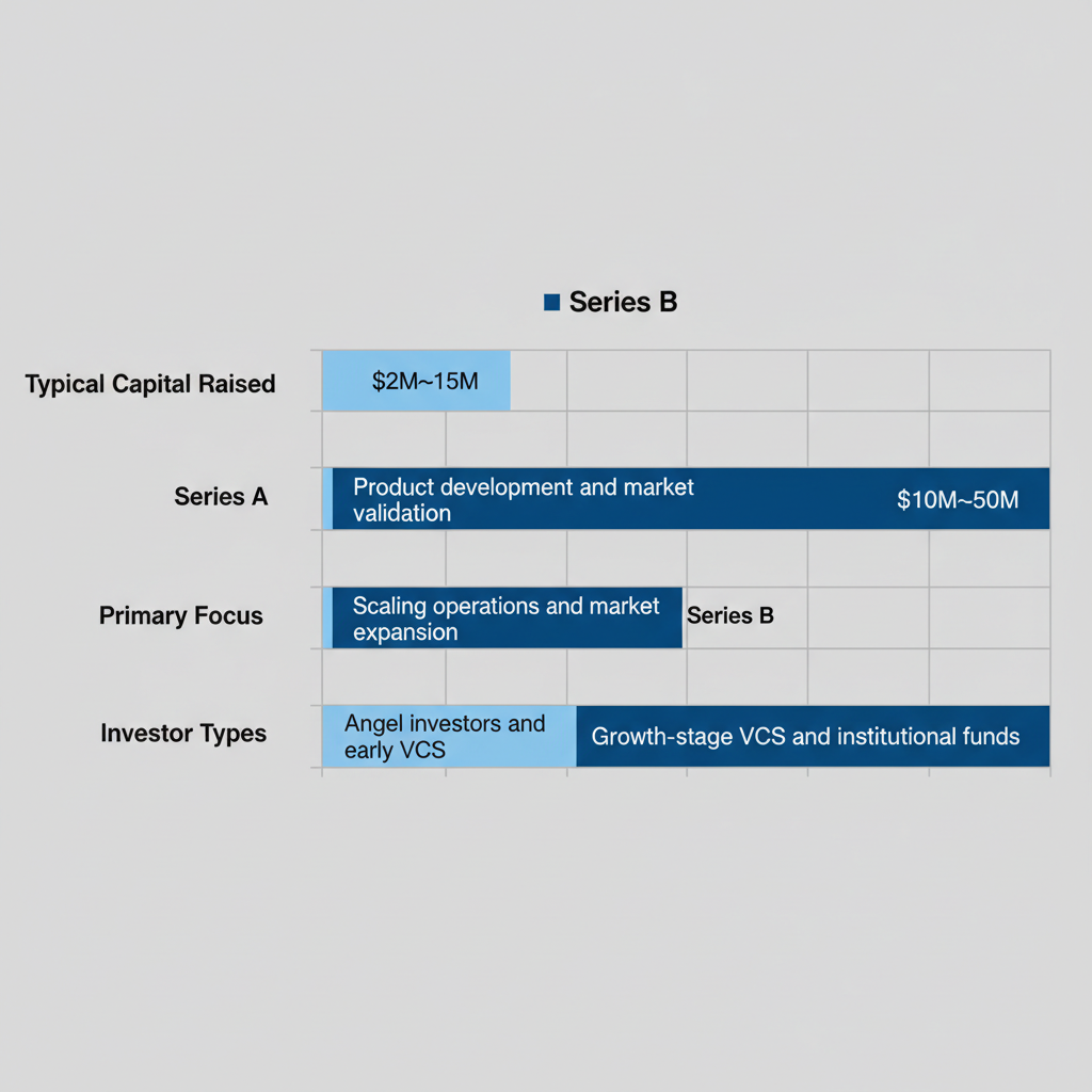 Horizontal bar chart comparing Series A and Series B funding: capital amounts, focus areas, and investor types.