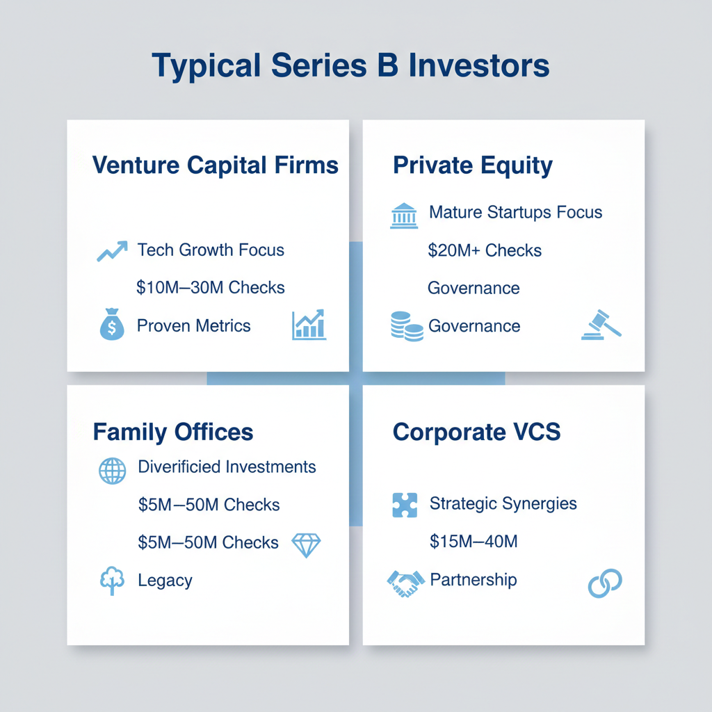 Infographic comparing four types of Series B investors with focus areas, investment sizes, and requirements illustrated with icons.