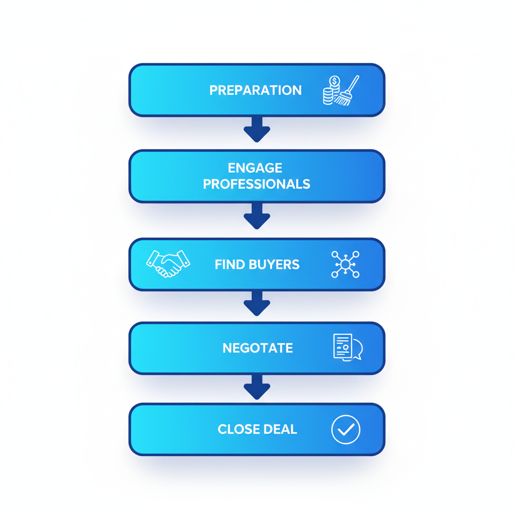 Vertical process flow diagram illustrating the five key stages of selling a business with icons and connections.