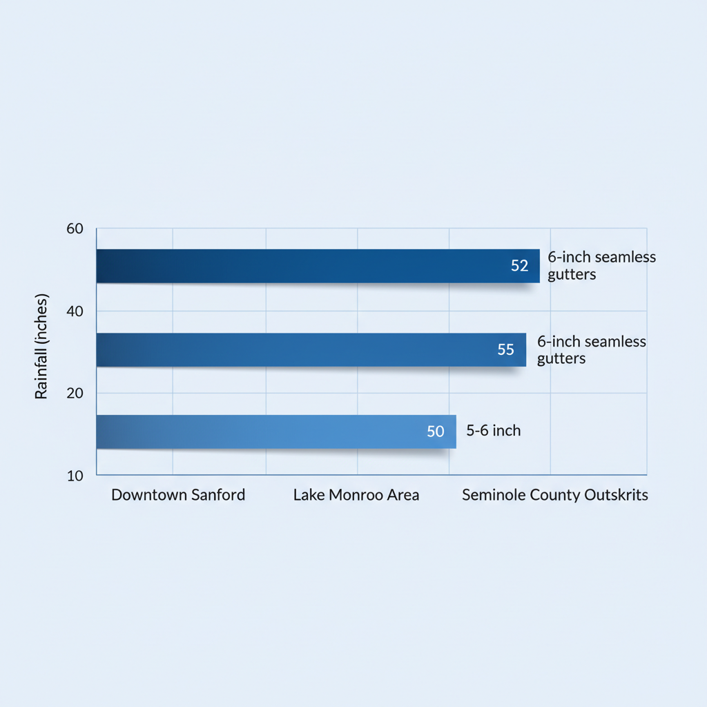 Horizontal bar chart comparing average annual rainfall in Downtown Sanford (52 inches), Lake Monroe Area (55 inches), and Seminole County Outskirts (50 inches), with recommended gutter sizes.
