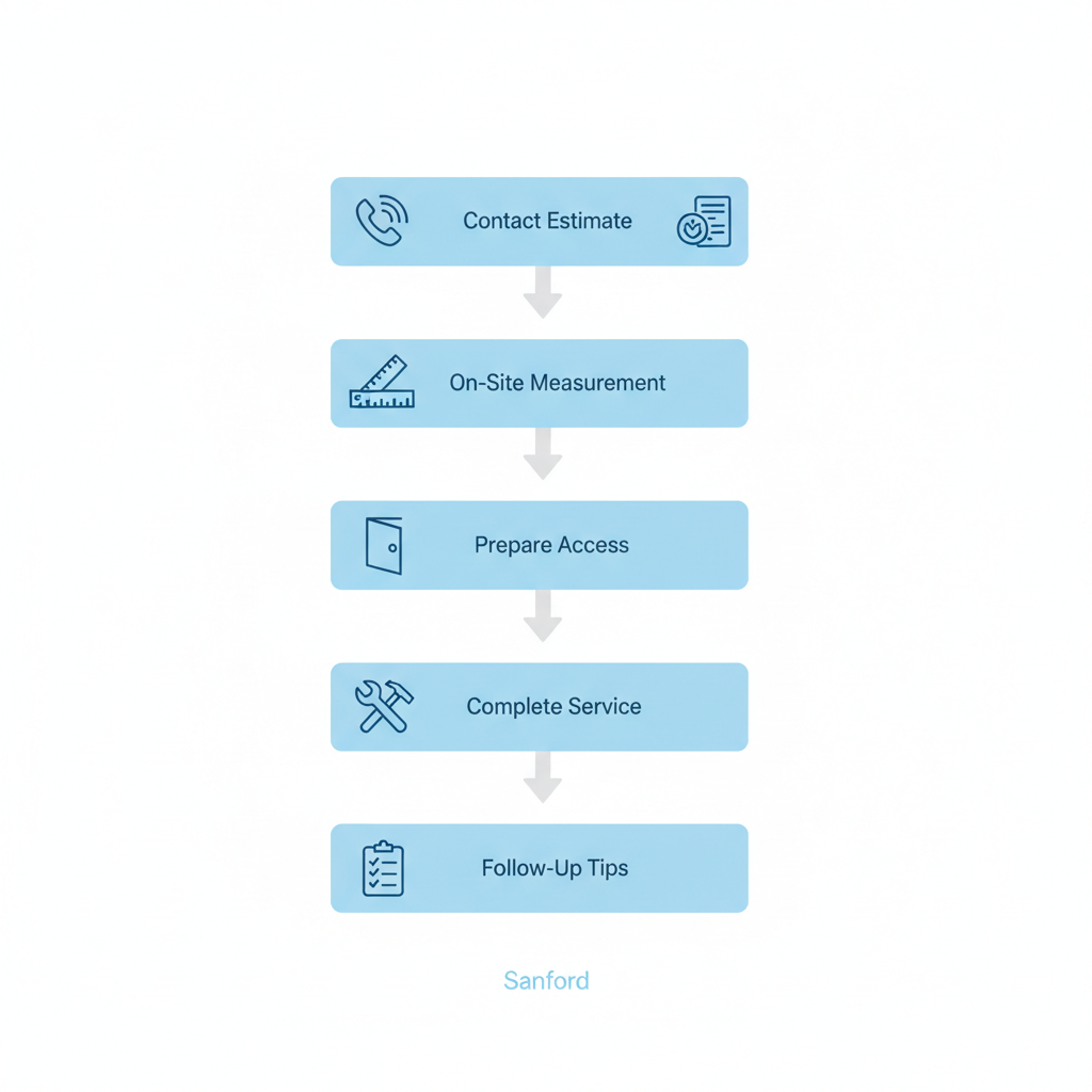Vertical process flow diagram showing five steps to secure gutter services: contact for estimate, on-site measurement, prepare access, complete service, and follow-up tips.