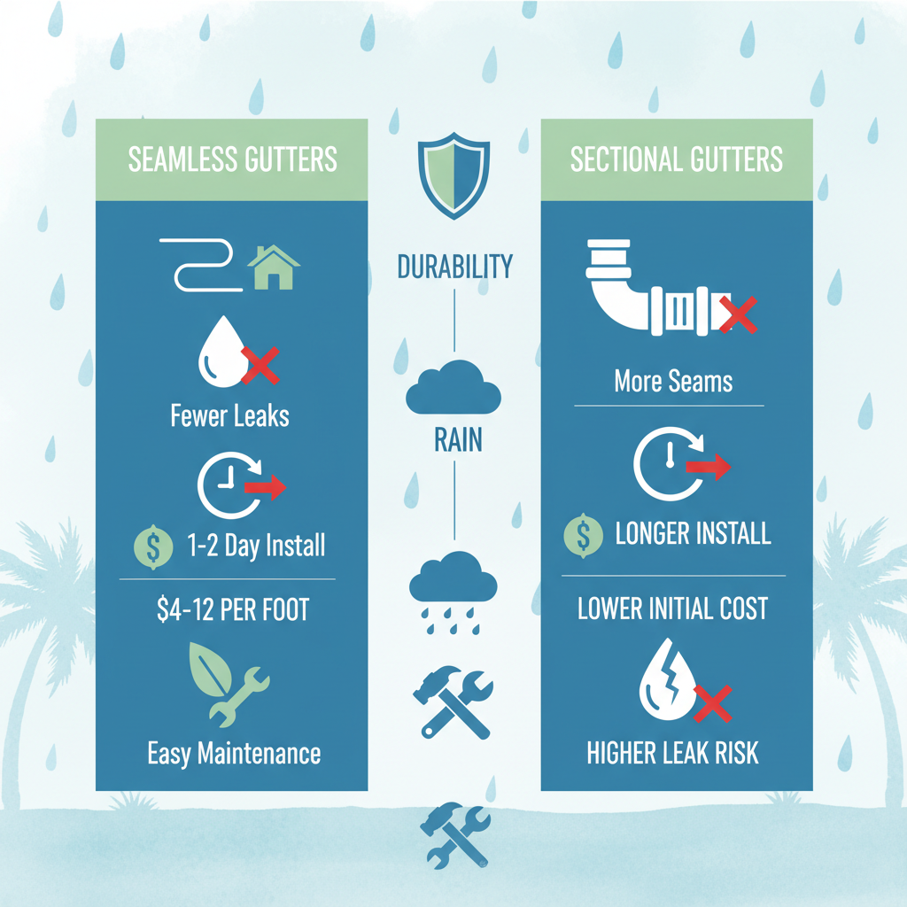 Infographic comparing seamless and sectional gutters for Sanford home protection