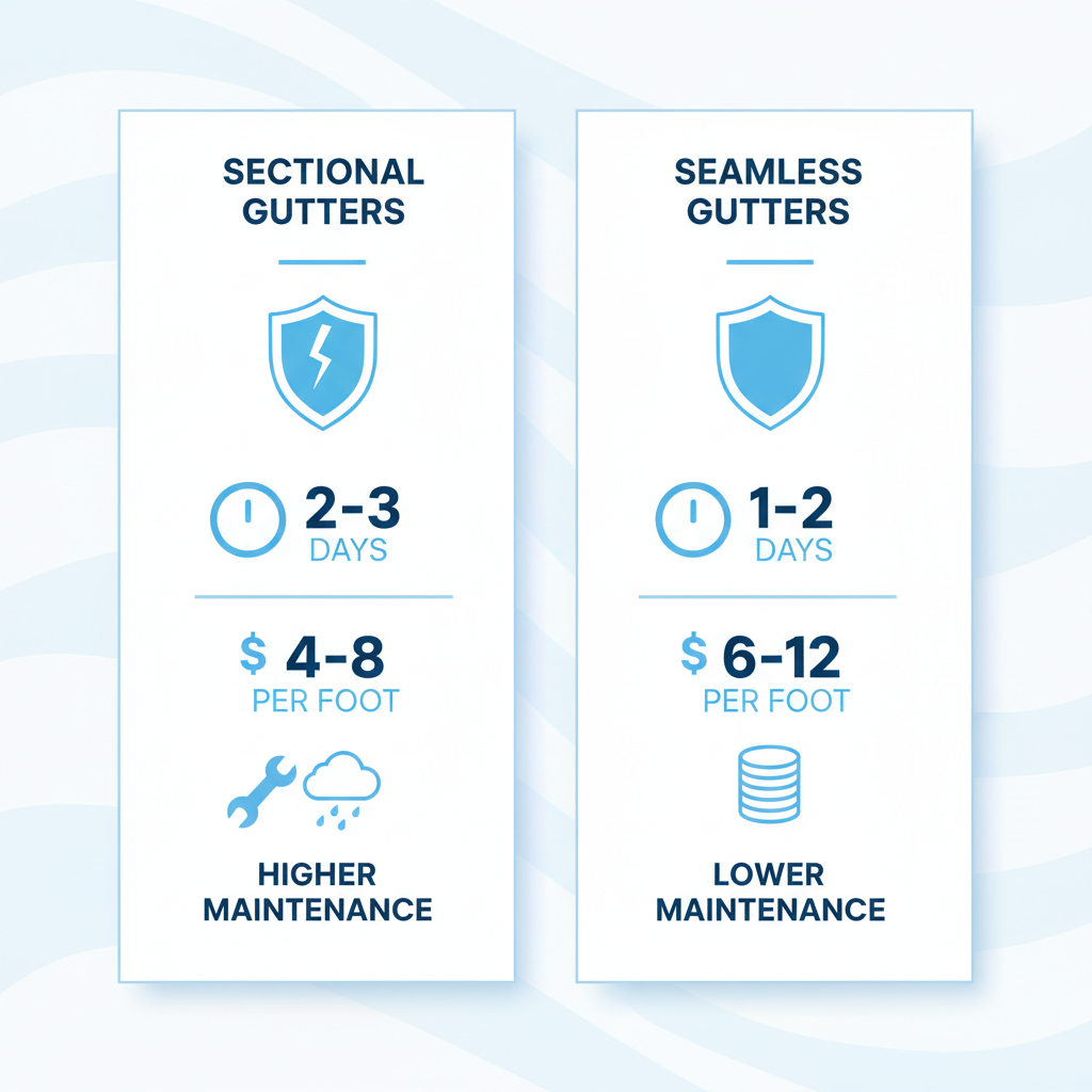 Infographic comparing sectional and seamless gutters for Tavares homes, highlighting durability, installation time, cost, and maintenance.