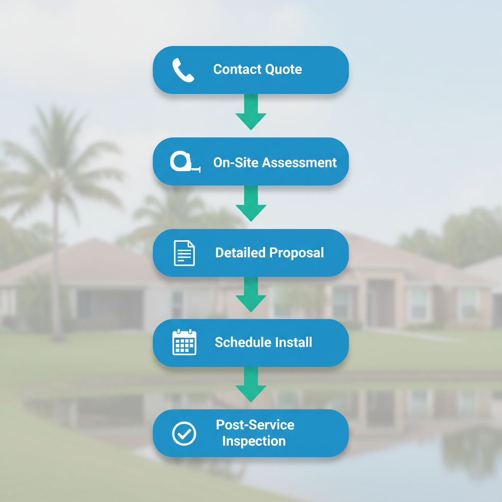 Vertical process flow diagram illustrating five steps for obtaining gutter services in Tavares with icons and arrows
